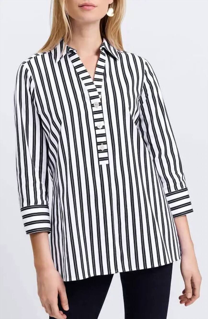 NEW FOXCROFT pamela stripe cotton blend tunic shirt in grey white